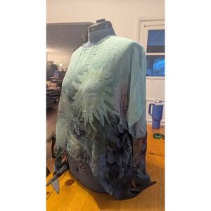 Eecee 100% Silk Floral Print Mint Green Kimono Style Top Blouse One Size